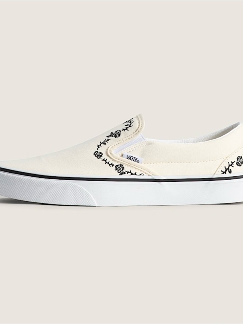 Vans Slip‑On Canvas Shoe in Cream with Black Floral Embroidery SOLD OUT Size 9